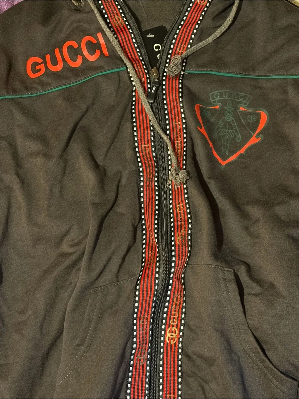 Gucci Brown Hooded Bomber Jacket with Red Trim